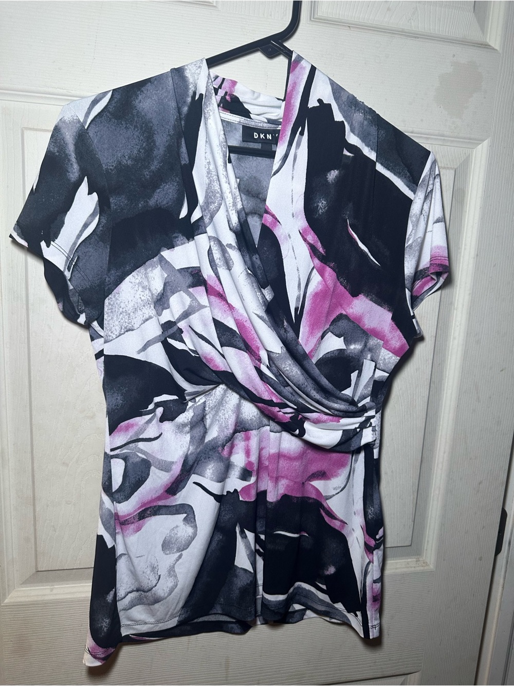 DKNY Black White and Pink Abstract Wrap Blouse